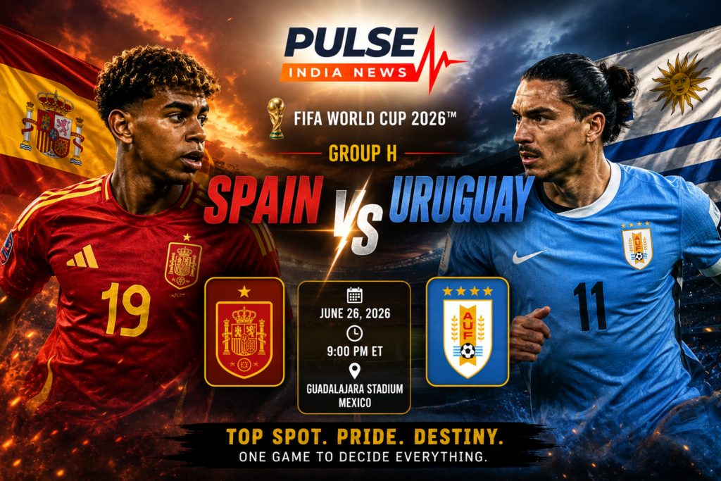 Spain and Uruguay players face off in a cinematic FIFA World Cup 2026 Group H match poster featuring the Pulse India News logo, national flags, dramatic stadium lights, and Guadalajara Stadium as both teams battle for top spot.