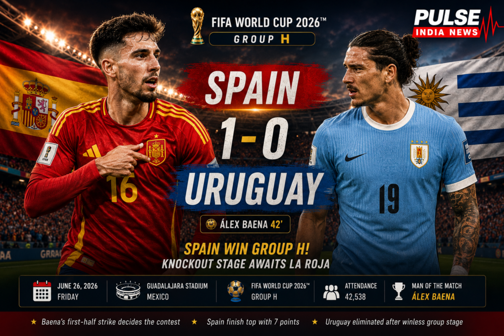 Spain celebrate a 1-0 victory over Uruguay in the FIFA World Cup 2026 Group H finale after Álex Baena's winning goal secured top spot and Round of 32 qualification.