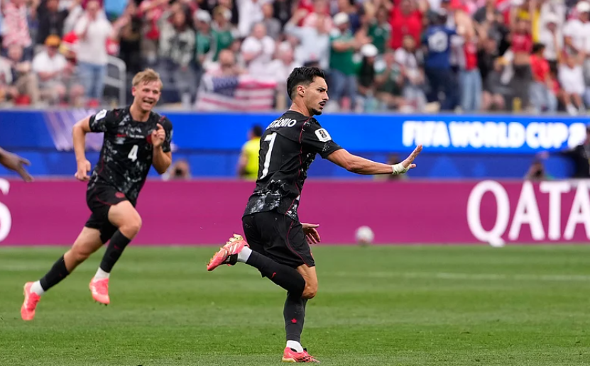 Canada midfielder Stephen Eustaquio celebrates scoring against South Africa in FIFA World Cup 2026 Round of 32