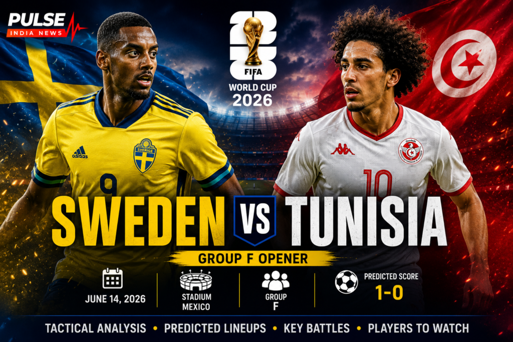 Cinematic FIFA World Cup 2026 poster featuring Sweden and Tunisia football players facing off under stadium lights, with national flags, World Cup branding, and Pulse India News logo.