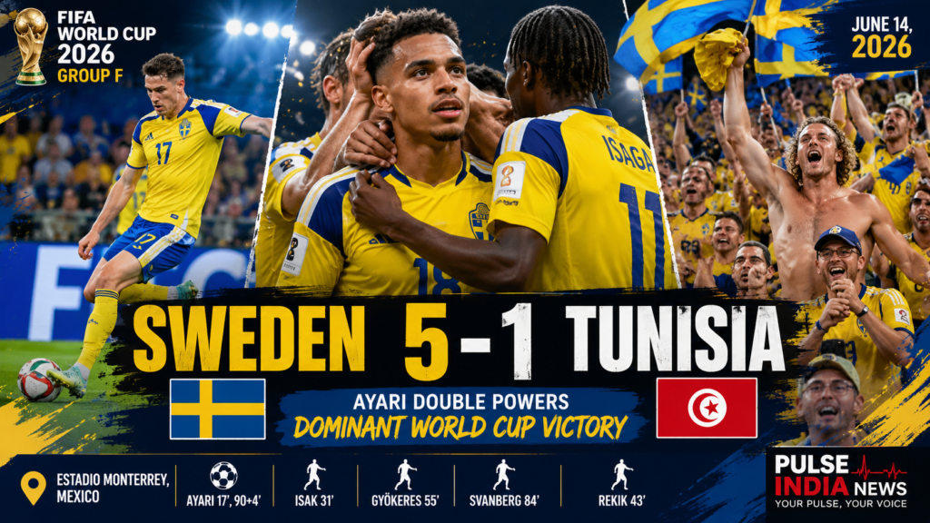 A cinematic FIFA World Cup 2026 graphic showing Sweden players celebrating a dominant 5-1 victory over Tunisia, featuring Yasin Ayari, Viktor Gyökeres, jubilant Swedish supporters, the final scoreline, goal scorers, and Pulse India News branding.