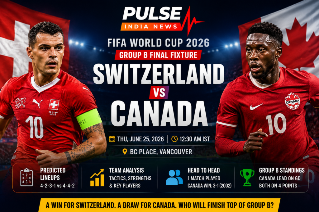 Switzerland vs Canada FIFA World Cup 2026 Group B match preview graphic featuring Swiss and Canadian players, national flags, Pulse India News logo, match details, predicted lineups, team analysis, head-to-head record and group standings at BC Place, Vancouver.