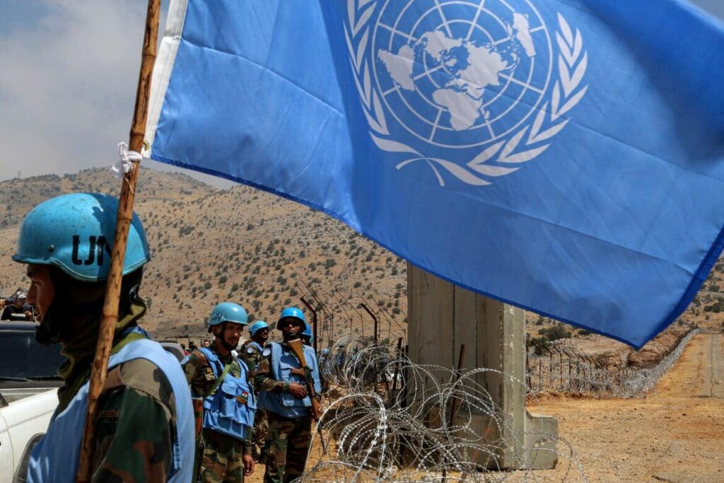 UN peacekeepers and Lebanese security personnel monitoring a border area in southern Lebanon.