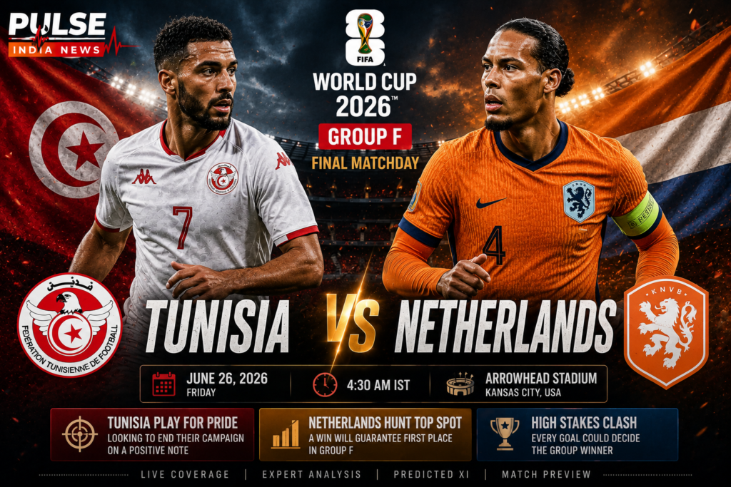 Cinematic FIFA World Cup 2026 Group F match poster featuring Tunisia and the Netherlands ahead of their decisive group-stage clash at Arrowhead Stadium, with Pulse India News branding.