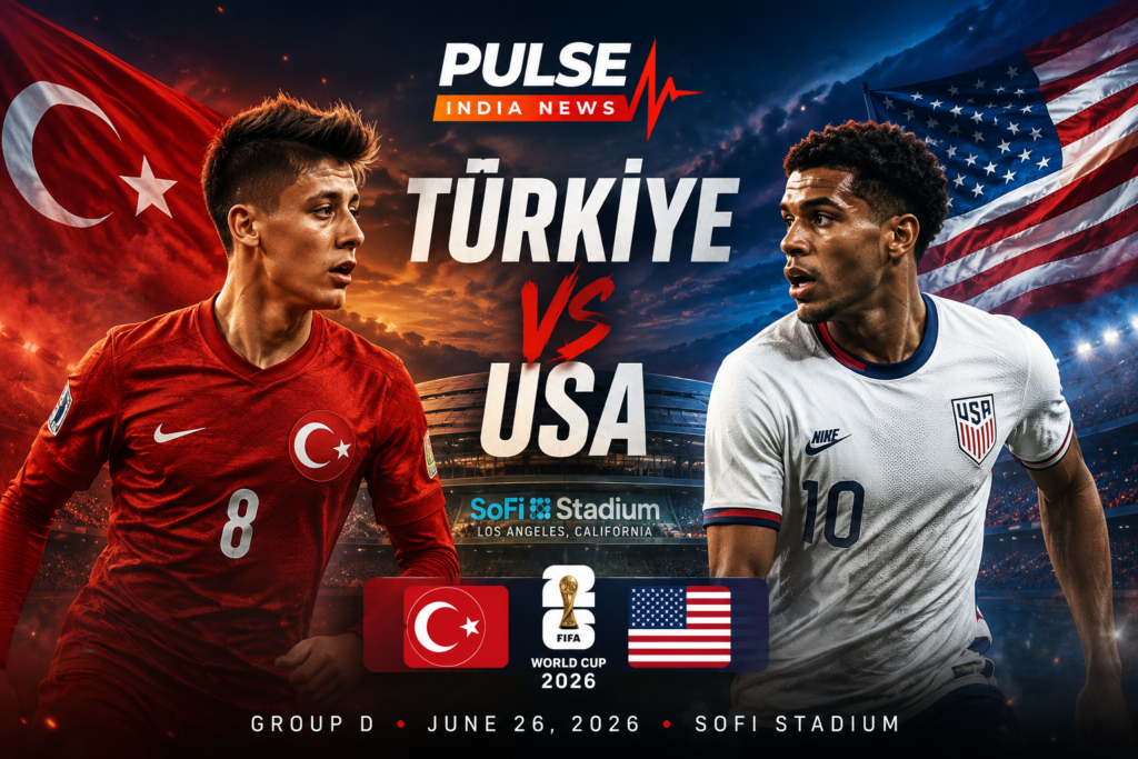 Türkiye vs USA FIFA World Cup 2026 match preview graphic featuring Turkish and American players facing off at SoFi Stadium, California, with Pulse India News branding.