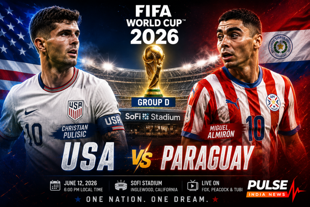 USA vs Paraguay Preview: Predicted Lineups, Key Battles & Prediction | FIFA World Cup 2026 Christian Pulisic of the United States and Miguel Almirón of Paraguay featured in a cinematic FIFA World Cup 2026 Group D match preview graphic ahead of their clash at SoFi Stadium in Los Angeles.
