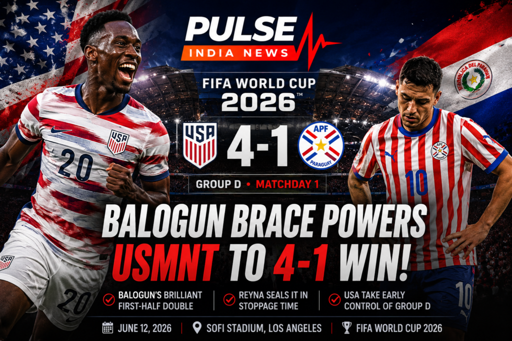 Cinematic FIFA World Cup 2026 poster featuring USA and Paraguay players with Folarin Balogun in focus, celebrating the United States' 4-1 Group D victory. Pulse India News logo displayed.