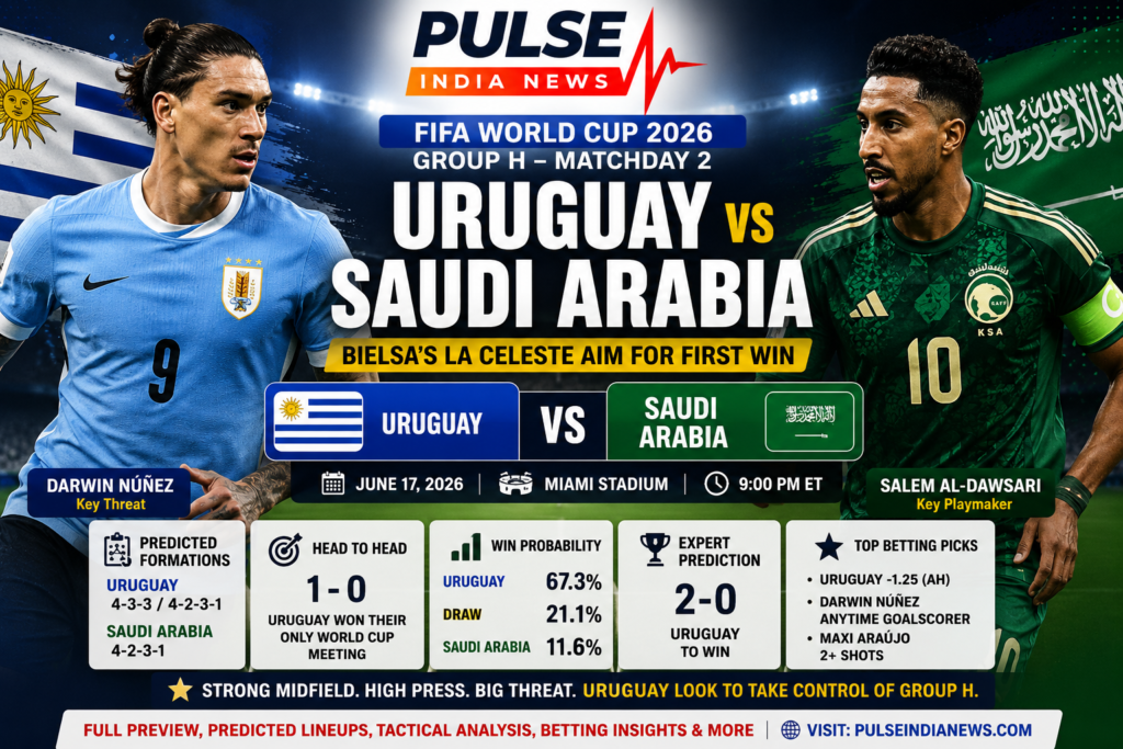 Uruguay vs Saudi Arabia Preview: Predicted Lineups, Team News, Tactical Analysis & Prediction | FIFA World Cup 2026 Uruguay and Saudi Arabia FIFA World Cup 2026 match preview graphic featuring Darwin Núñez and Salem Al-Dawsari, highlighting Group H action, predicted lineups, win probabilities, betting insights, and match prediction.