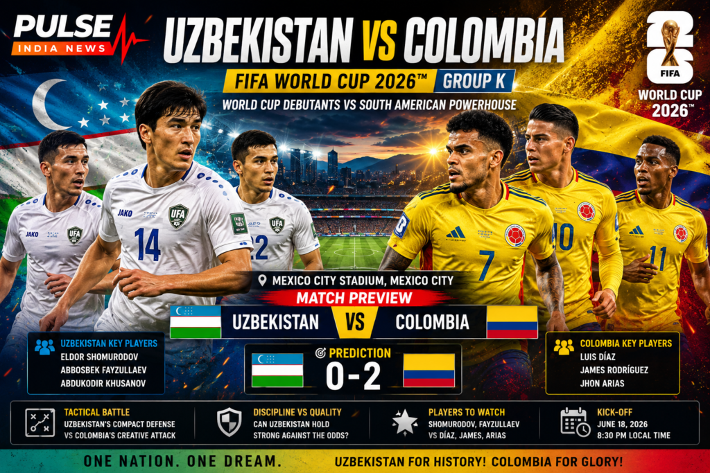 Cinematic FIFA World Cup 2026 Group K match preview graphic featuring Uzbekistan and Colombia players, national colors, Mexico City Stadium backdrop, World Cup branding, and Pulse India News logo.