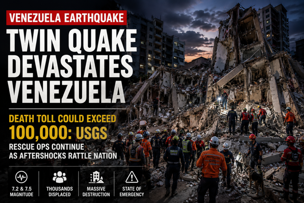 Featured graphic illustrating the devastating Venezuela earthquake, showing collapsed buildings, rescue workers searching through rubble, and highlighting the USGS warning of a potentially catastrophic death toll following the twin powerful earthquakes.