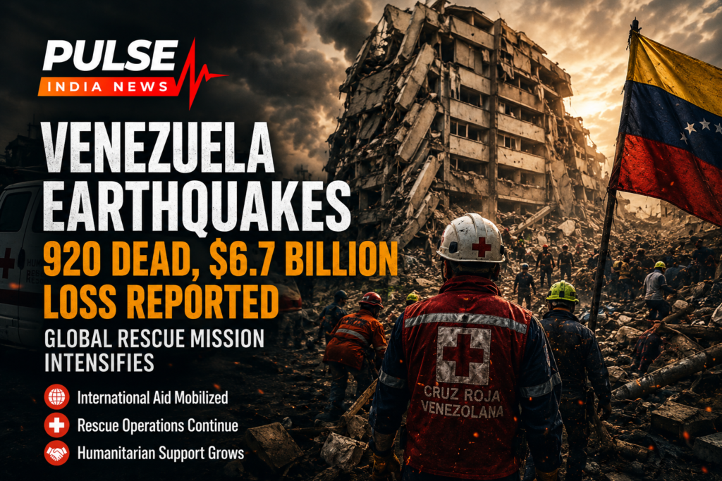 Cinematic illustration of the devastating Venezuela earthquakes showing collapsed buildings, rescue workers searching through rubble, and the Pulse India News logo with the headline reporting 920 deaths and $6.7 billion in damage.