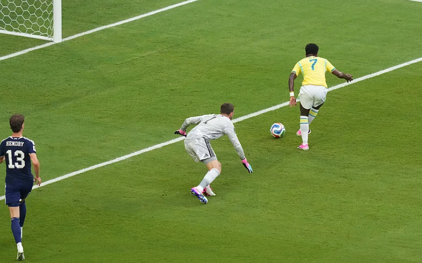 Vinicius Junior scores for Brazil against Scotland in FIFA World Cup 2026