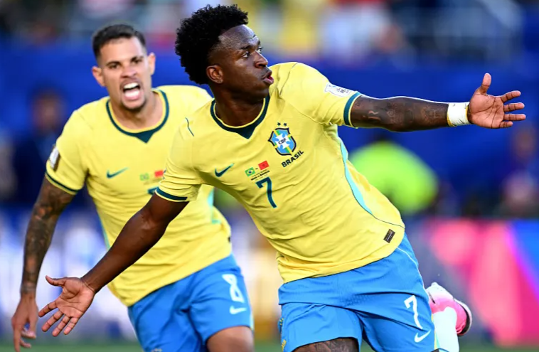 Vinicius Junior celebrates after scoring Brazil