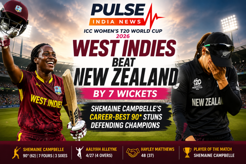 West Indies Women vs New Zealand Women Review: Shemaine Campbelle's Historic 90 Stuns Defending Champions West Indies Women batter Shemaine Campbelle celebrates after scoring an unbeaten 90 against New Zealand Women during the ICC Women's T20 World Cup 2026, while a disappointed New Zealand player reacts following the seven-wicket defeat.