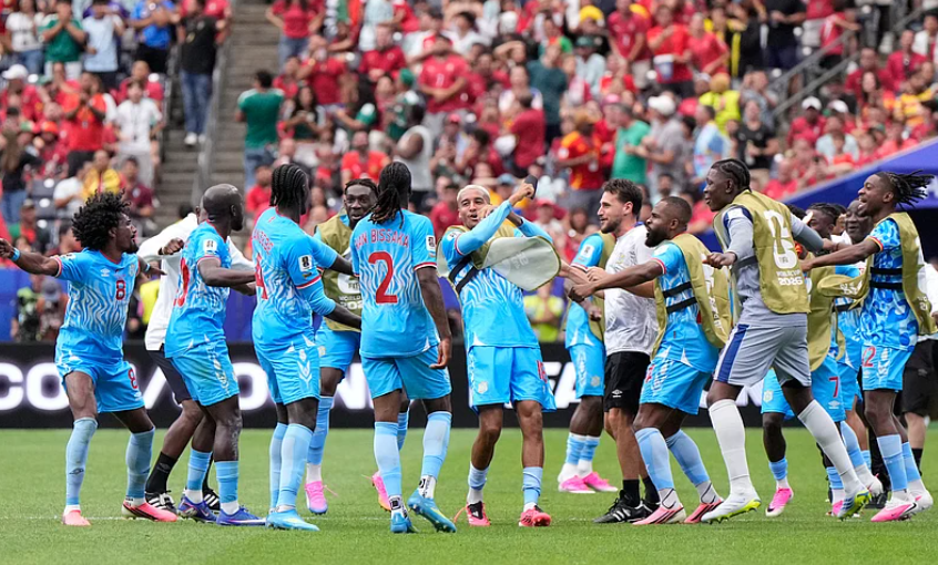 Yoane Wissa celebrates after scoring for DR Congo against Portugal in FIFA World Cup 2026