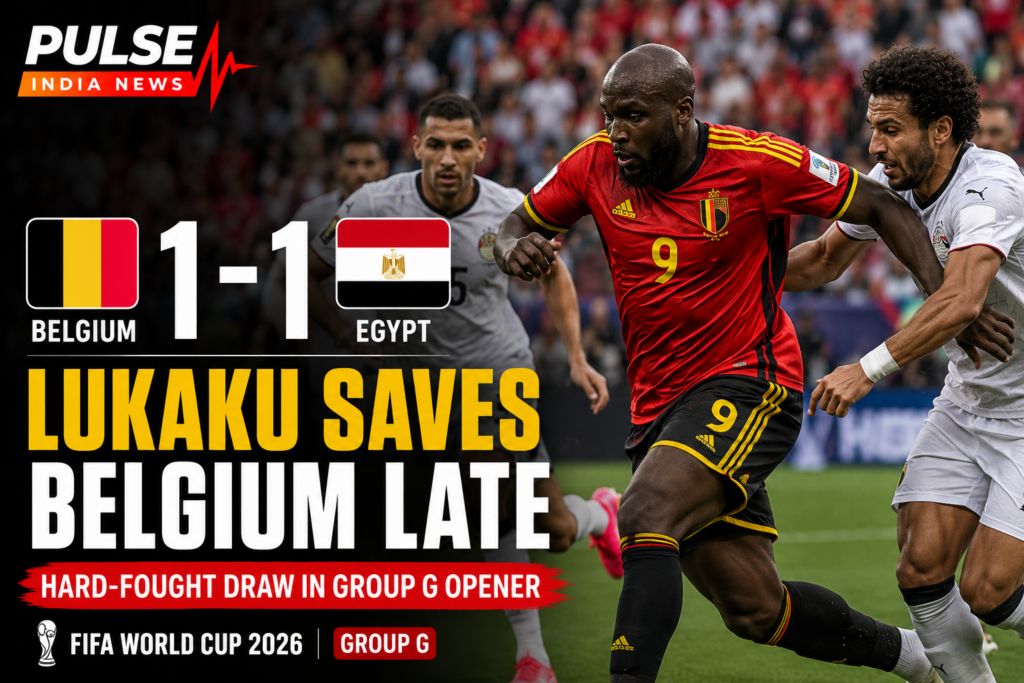 Belgium striker Romelu Lukaku battles past Egypt defenders during the FIFA World Cup 2026 Group G match, featured in a Pulse India News graphic highlighting Belgium's 1-1 draw with Egypt and Lukaku's impact as a substitute.