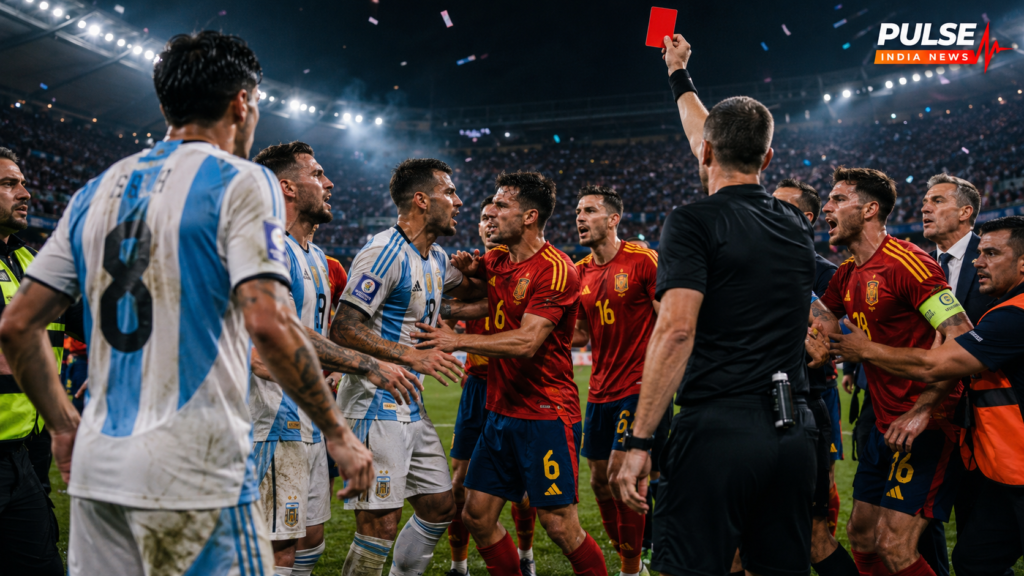 Argentina and Spain players clash after the 2026 World Cup final as the referee raises a red card.