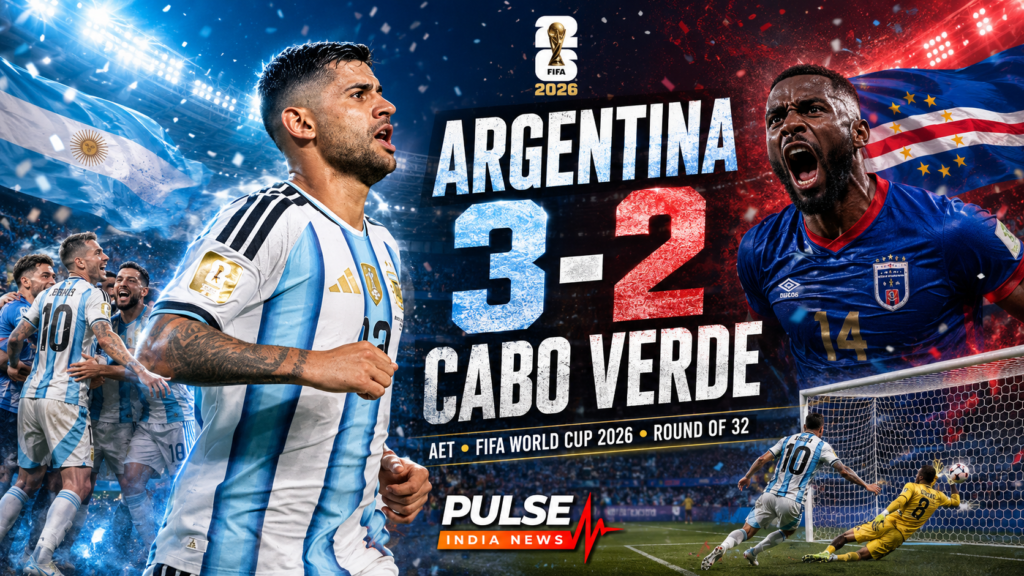Argentina Survive Cabo Verde Fight in 3-2 Extra-Time World Cup Thriller Argentina 3-2 Cabo Verde FIFA World Cup 2026 Round of 32 cinematic match graphic featuring Argentina and Cabo Verde players.
