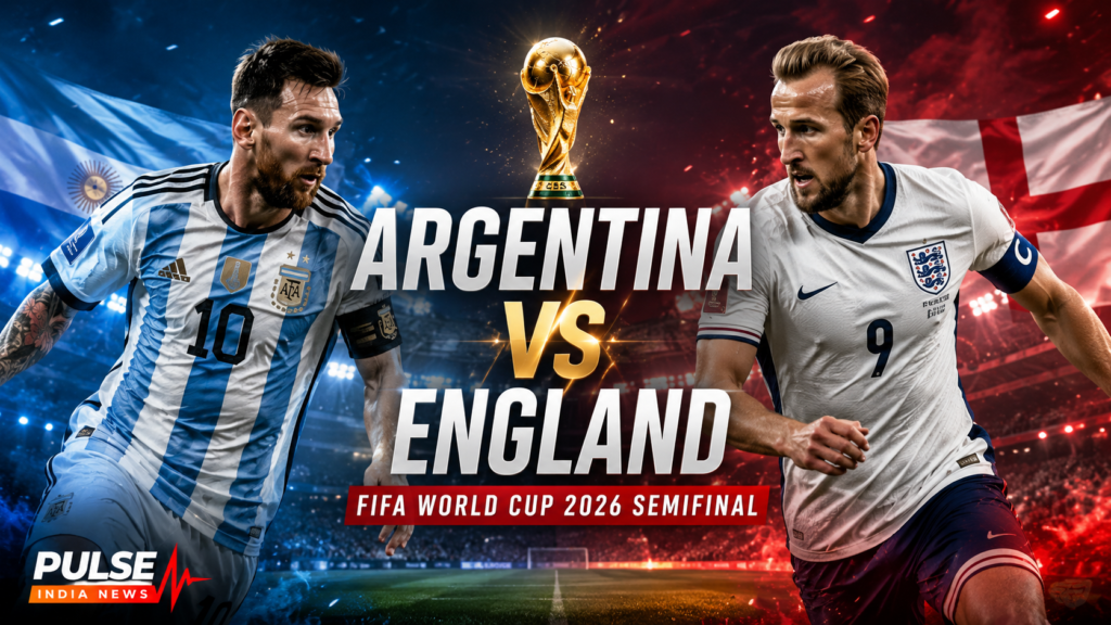 Argentina vs England FIFA World Cup 2026 semifinal poster featuring Lionel Messi and Harry Kane in a dramatic stadium setting.
