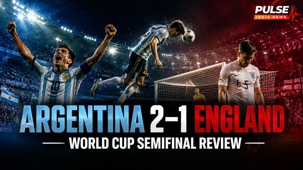 Cinematic graphic showing Argentina players celebrating, an England player disappointed, and the score Argentina 2-1 England in the FIFA World Cup semifinal.