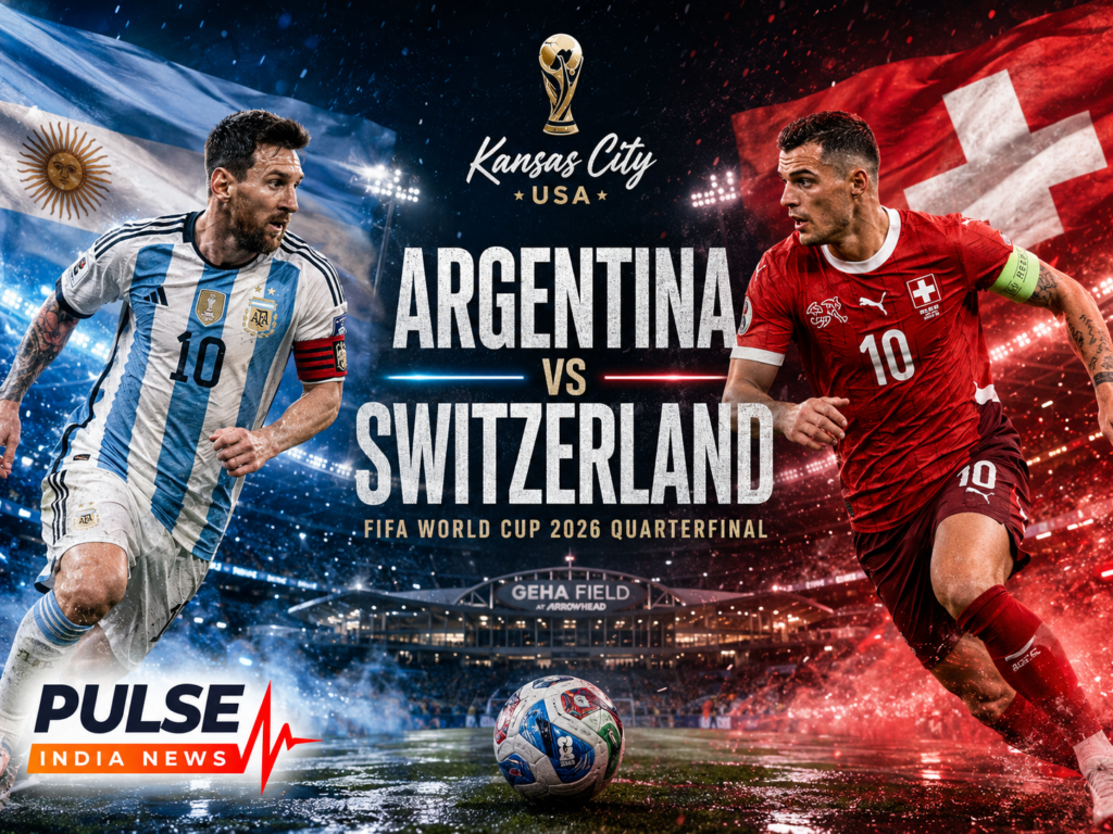 Argentina vs Switzerland Preview: Playing XI, Formation, Team Analysis and Prediction Argentina vs Switzerland FIFA World Cup 2026 quarterfinal cinematic graphic featuring Lionel Messi and Granit Xhaka in a floodlit Kansas City stadium with the Pulse India News logo.