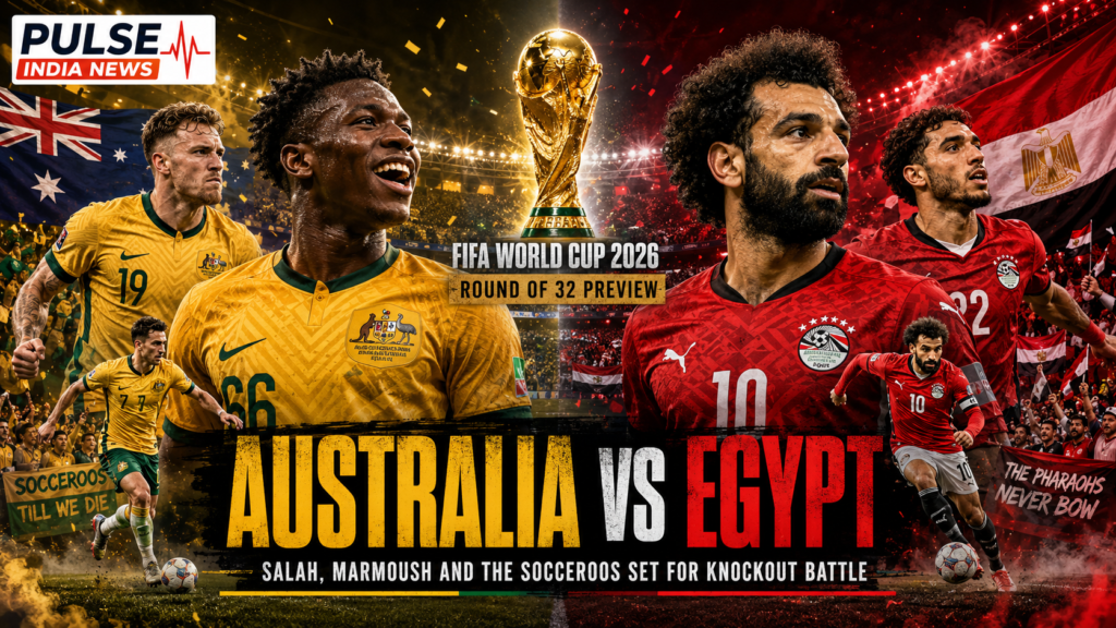 Australia vs Egypt Preview: Salah and Marmoush Test Socceroos’ Deep Block in World Cup Knockout Clash Cinematic Australia vs Egypt FIFA World Cup 2026 Round of 32 preview image featuring Mohamed Salah, Omar Marmoush, Socceroos players, fans, trophy and knockout battle theme.