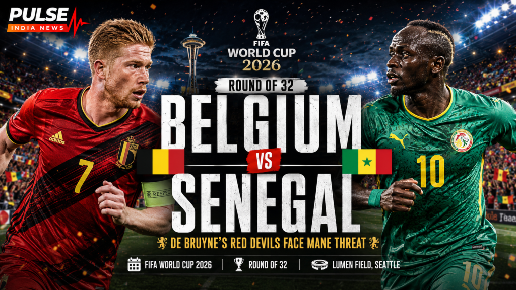 Belgium vs Senegal Preview: De Bruyne’s Red Devils Face Mané Counter-Attack Threat Cinematic featured image for Belgium vs Senegal FIFA World Cup 2026 Round of 32 showing a Belgium player and Senegal player facing off at Lumen Field, Seattle, with Pulse India News branding.