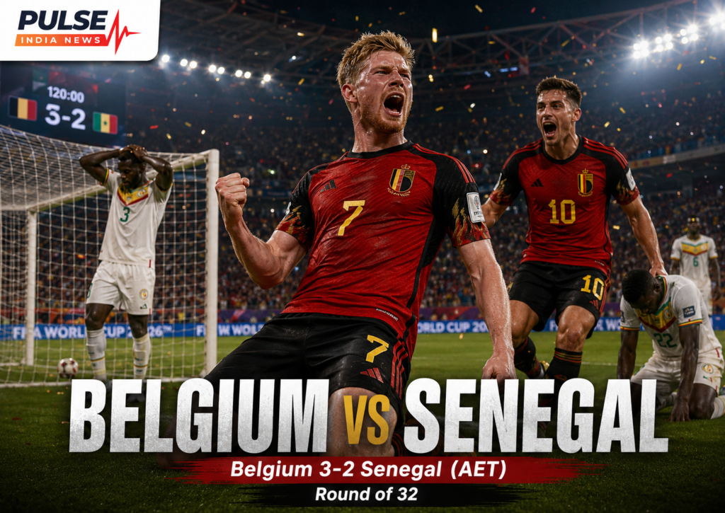 Belgium vs Senegal Review: Tielemans Penalty Seals 3-2 Extra-Time Comeback in World Cup 2026 Belgium players celebrate a dramatic 3-2 extra-time win over Senegal in the FIFA World Cup 2026 Round of 32, with Pulse India News branding.
