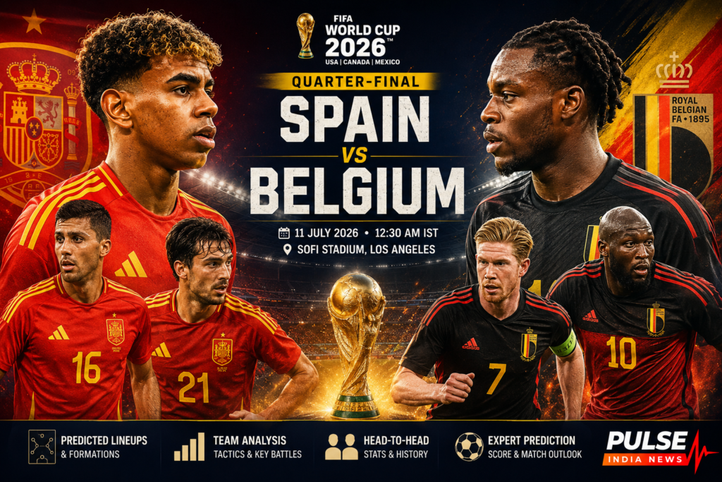 Spain vs Belgium FIFA World Cup 2026 quarterfinal featured image with players, World Cup trophy and Pulse India News logo