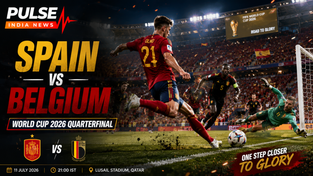 Spain vs Belgium Review: Mikel Merino Late Winner Sends La Roja Into World Cup 2026 Semifinals Cinematic Spain vs Belgium FIFA World Cup 2026 quarterfinal graphic showing a Spain player attacking near goal as Belgium defenders and the goalkeeper react, with Pulse India News branding.