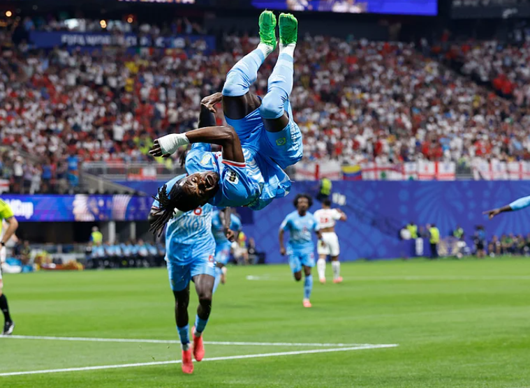 Brian Cipenga celebrates after scoring DR Congo opening goal against England in FIFA World Cup 2026 Round of 32