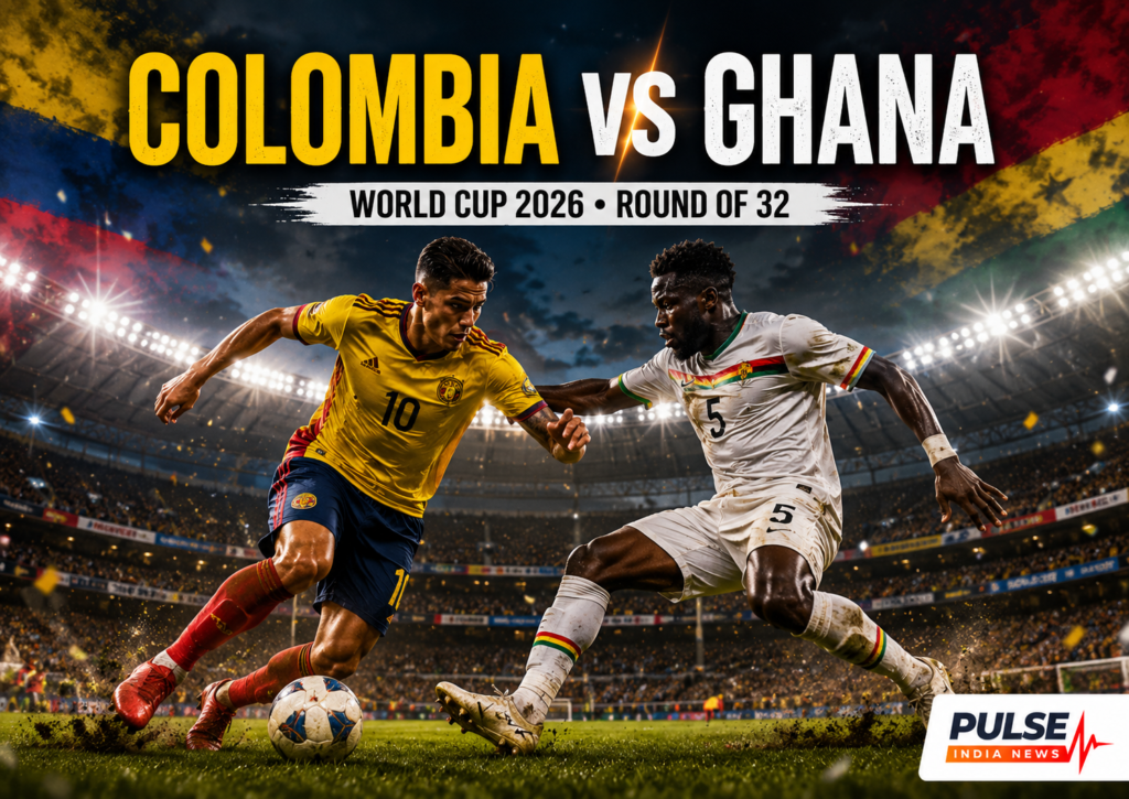 Colombia vs Ghana Preview: Lineups, Prediction, Team News for World Cup 2026 Round of 32 Cinematic Colombia vs Ghana FIFA World Cup 2026 Round of 32 poster showing players battling for the ball with Pulse India News logo.