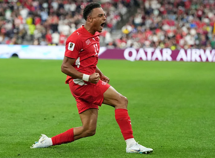Switzerland winger Dan Ndoye celebrates after scoring against Algeria in the FIFA World Cup 2026 Round of 32
