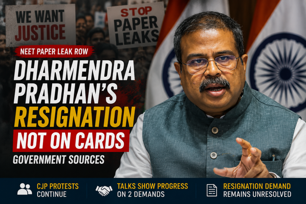 Featured image for a report on the NEET paper leak row, showing a senior government minister speaking, alongside the headline that his resignation is not under consideration.