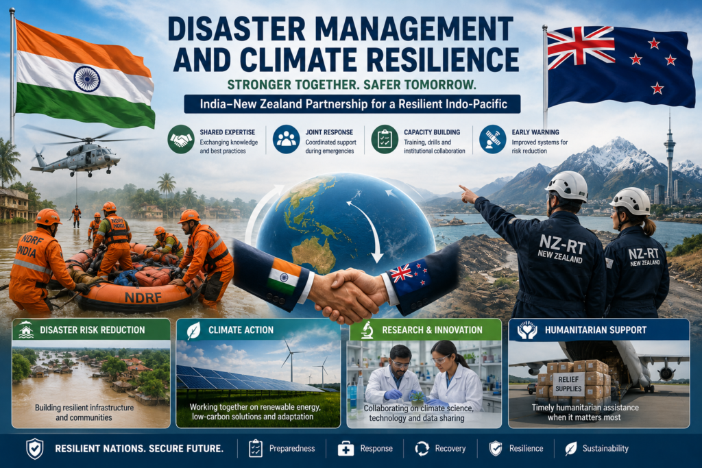 India, New Zealand Elevate Ties to Strategic Partnership as Modi–Luxon Summit Sets Ambitious 2030 Agenda India and New Zealand disaster-response teams coordinate flood rescue, earthquake recovery, early-warning systems, climate research and humanitarian relief beneath both national flags.