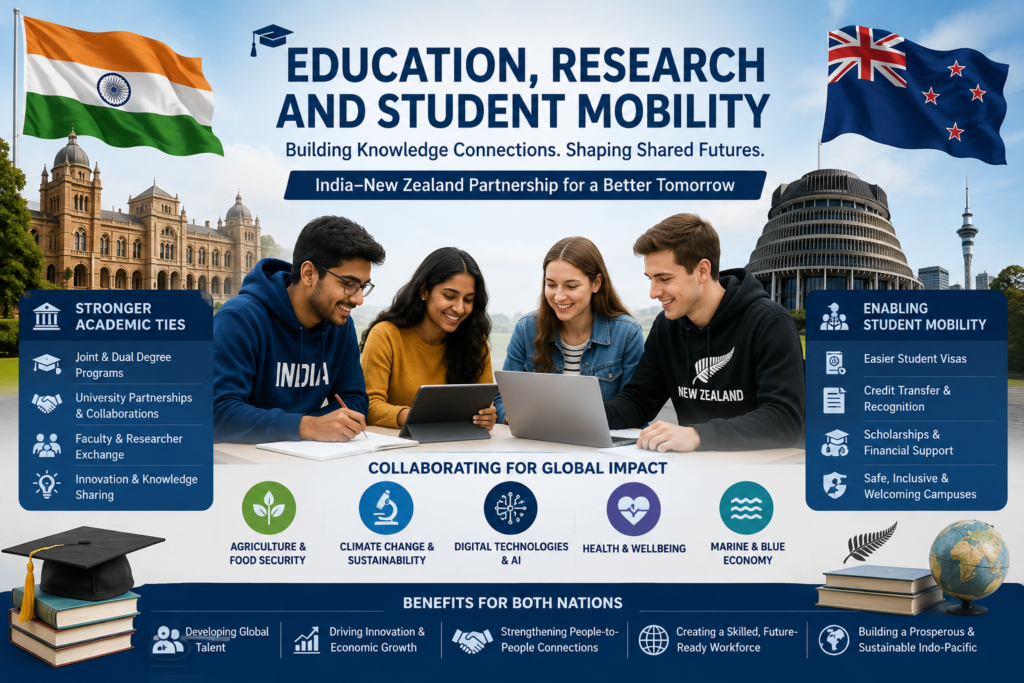 India, New Zealand Elevate Ties to Strategic Partnership as Modi–Luxon Summit Sets Ambitious 2030 Agenda Indian and New Zealand students collaborate with laptops and tablets beneath both national flags, highlighting university partnerships, research exchange, student mobility and innovation.