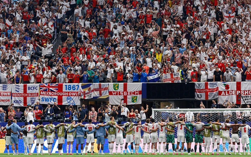 England players stand in front of their fans after defeating Congo in the FIFA World Cup 2026 Round of 32