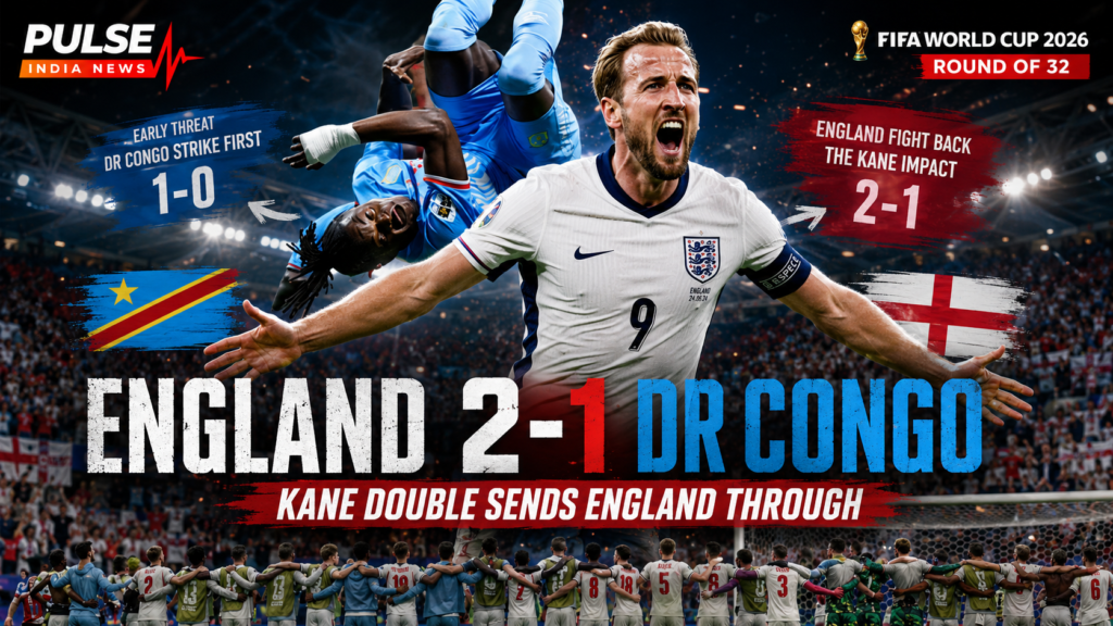 England vs DR Congo Review: Harry Kane Double Completes Dramatic World Cup Comeback Cinematic featured image showing Harry Kane celebrating after scoring twice as England beat DR Congo 2-1 in the FIFA World Cup 2026 Round of 32.