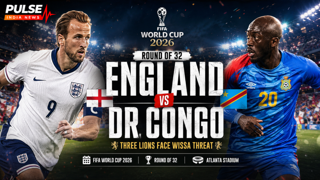 Cinematic featured image for England vs DR Congo FIFA World Cup 2026 Round of 32 showing an England player and DR Congo player facing off at Atlanta Stadium.