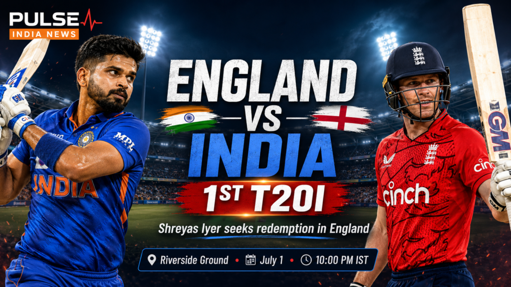 Cinematic featured image for England vs India 1st T20I 2026 showing an India batter and England batter facing off under stadium lights with Pulse India News branding.