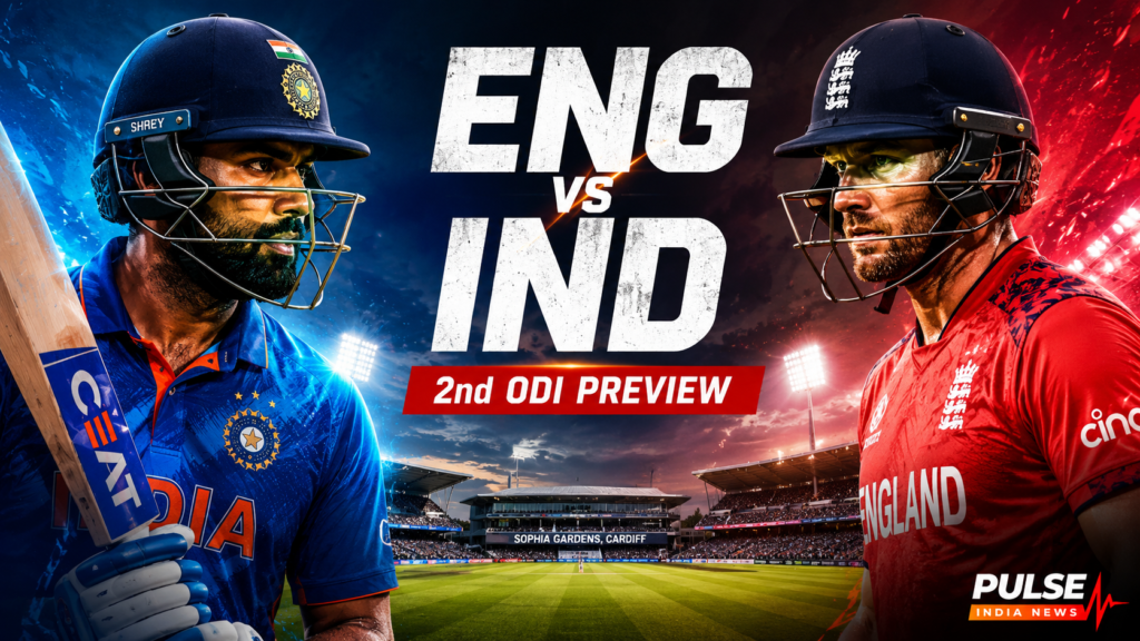India and England cricketers face off in a cinematic poster for the England vs India 2nd ODI preview at Sophia Gardens, Cardiff.
