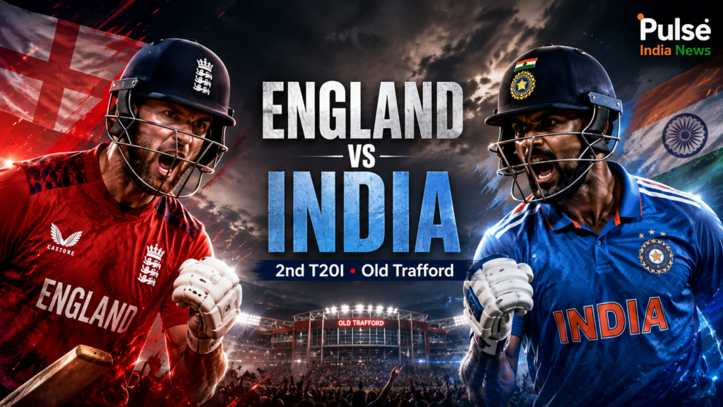 England vs India 2nd T20I Preview: Old Trafford Set For High-Scoring Battle As India Face Selection Call Cinematic England vs India 2nd T20I featured image showing two intense cricketers facing off at Old Trafford with team flags, stadium lights and Pulse India News logo.