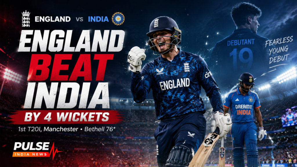 England beat India by four wickets in the 1st T20I in Manchester as Jacob Bethell scores an unbeaten 76, with Vaibhav Sooryavanshi making a historic debut.
