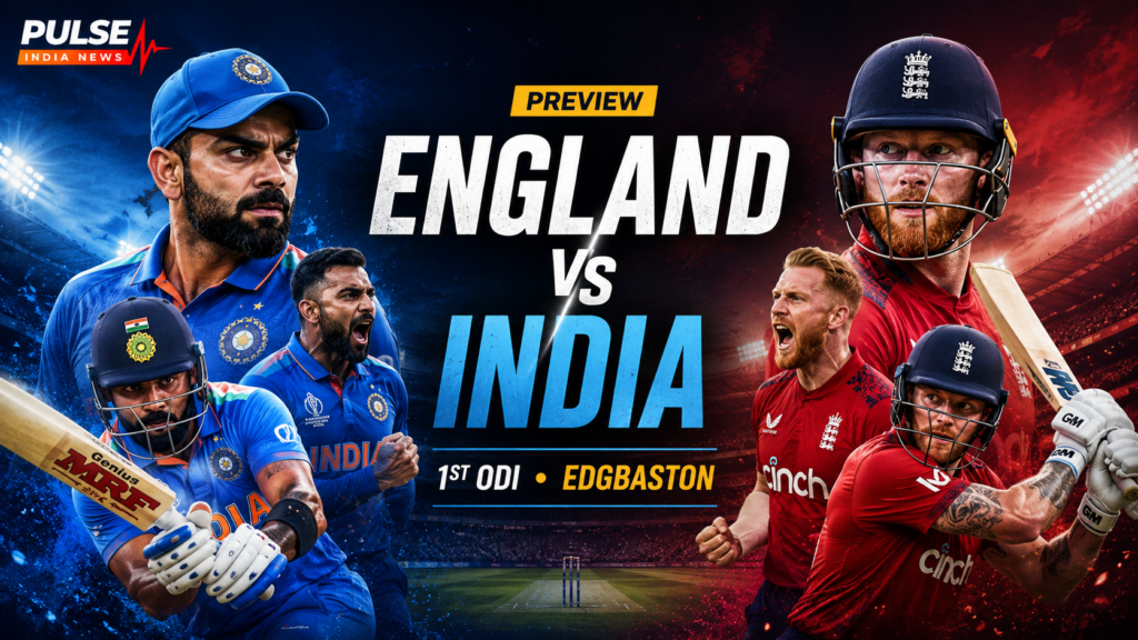 England vs India 1st ODI Preview: Rohit, Kohli and Bumrah Return for Edgbaston Clash Cinematic England vs India 1st ODI preview graphic featuring players from both teams, Edgbaston stadium, and Pulse India News branding.