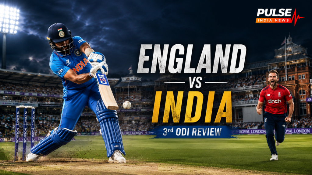 England vs India 3rd ODI review graphic showing an Indian batter playing an attacking shot and an England player celebrating at Lord’s.