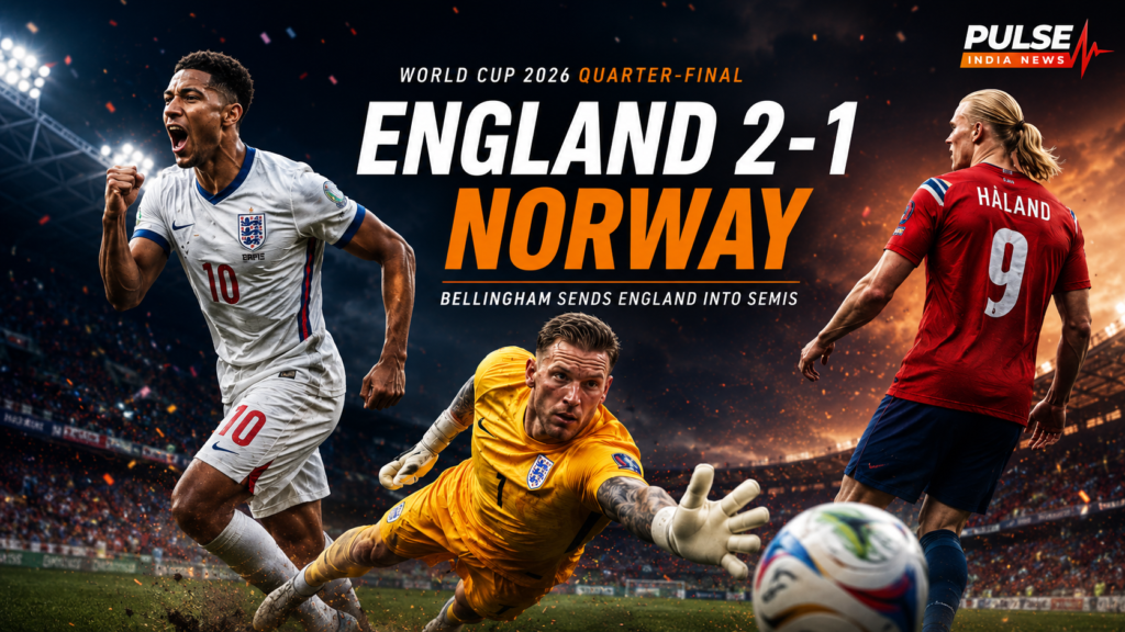 England vs Norway Review: Bellingham Double Seals 2-1 Extra-Time World Cup Win Cinematic England vs Norway World Cup 2026 quarter-final graphic showing Jude Bellingham celebrating, Jordan Pickford diving and Erling Haaland, with England’s 2-1 victory highlighted.