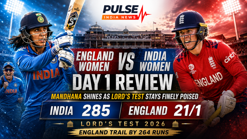 England Women vs India Women Day 1 Review: Mandhana Shines as Historic Lord’s Test Stays Finely Poised Cinematic England Women vs India Women Day 1 review graphic showing women cricketers from both teams at Lord’s, with India 285 and England 21/1 after the opening day.