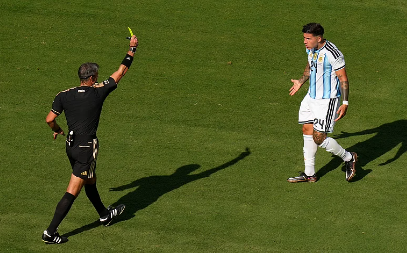 Enzo Fernandez receives a yellow card against Spain in the 2026 World Cup final