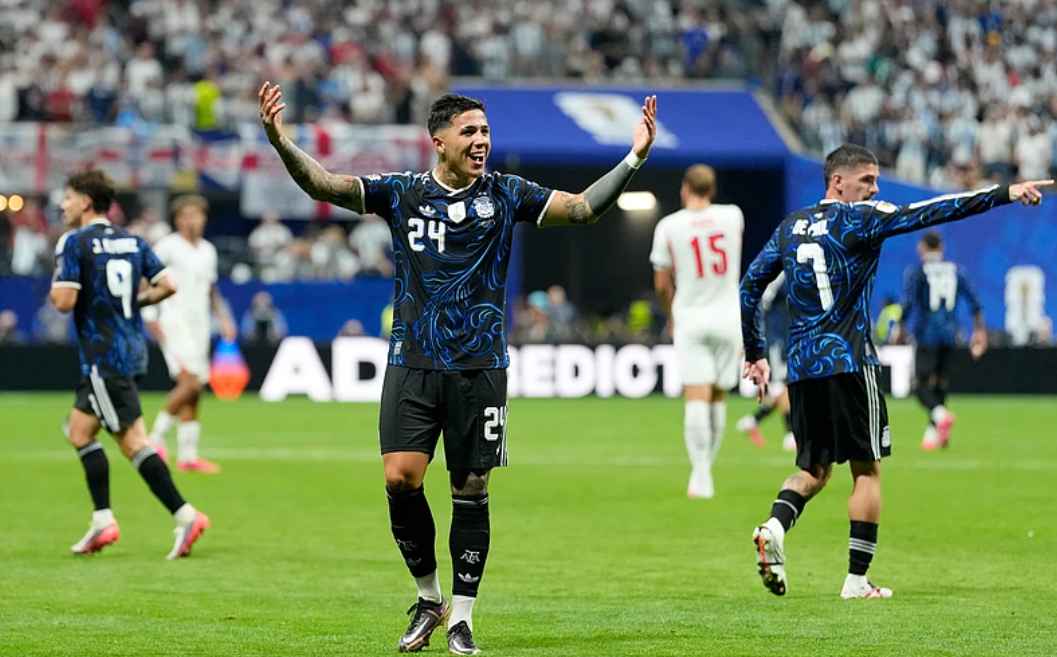 Argentina midfielder Enzo Fernandez celebrates after scoring against England in the FIFA World Cup 2026 semifinal