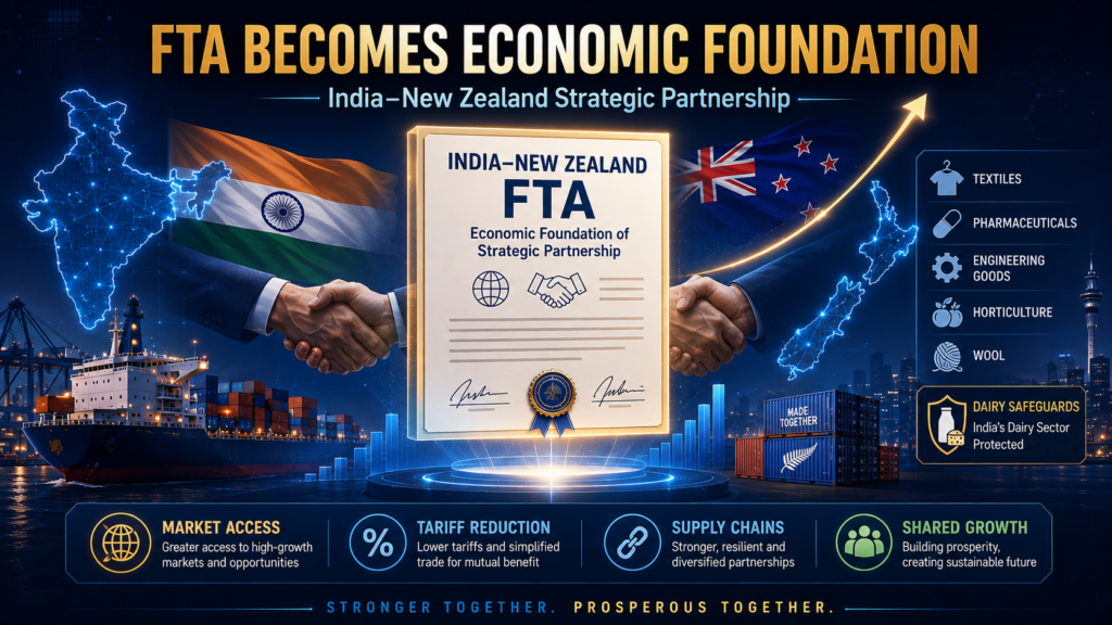 India, New Zealand Elevate Ties to Strategic Partnership as Modi–Luxon Summit Sets Ambitious 2030 Agenda India–New Zealand FTA infographic featuring a trade agreement document, handshake, national flags, cargo ship, containers, export sectors and dairy safeguards.